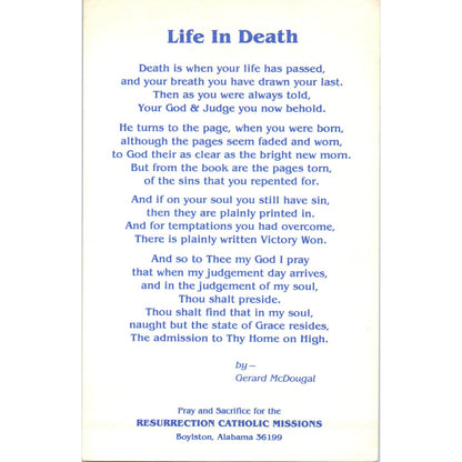Life in Death Gerard McDougal Resurrection Catholic Missions Prayer Card TH2-PC1