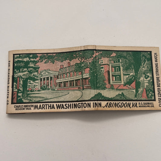 Martha Washington Inn Abingdon VA R.G. Barnhill Vintage Matchbook Cover TB8-MB-6
