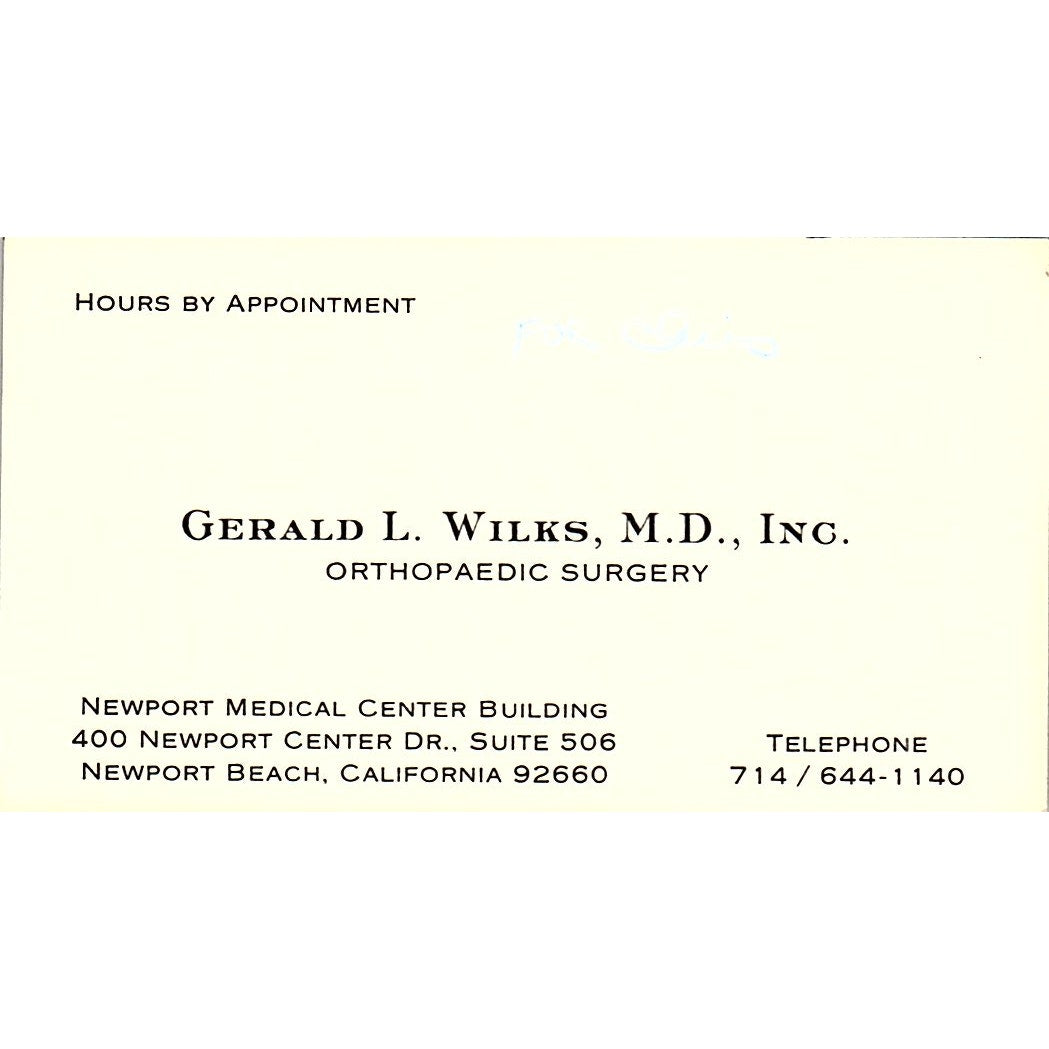 Orthopaedic Surgery Gerald L. Wilks M.D. Newport Beach, CA, Business Card SF3-B8
