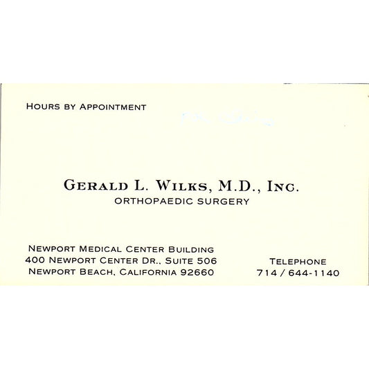 Orthopaedic Surgery Gerald L. Wilks M.D. Newport Beach, CA, Business Card SF3-B8