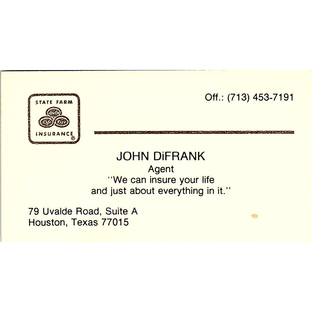John DiFrank State Farm Agent Houston Vintage Business Card SD9-B6