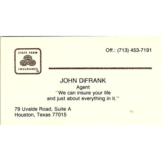 John DiFrank State Farm Agent Houston Vintage Business Card SD9-B6