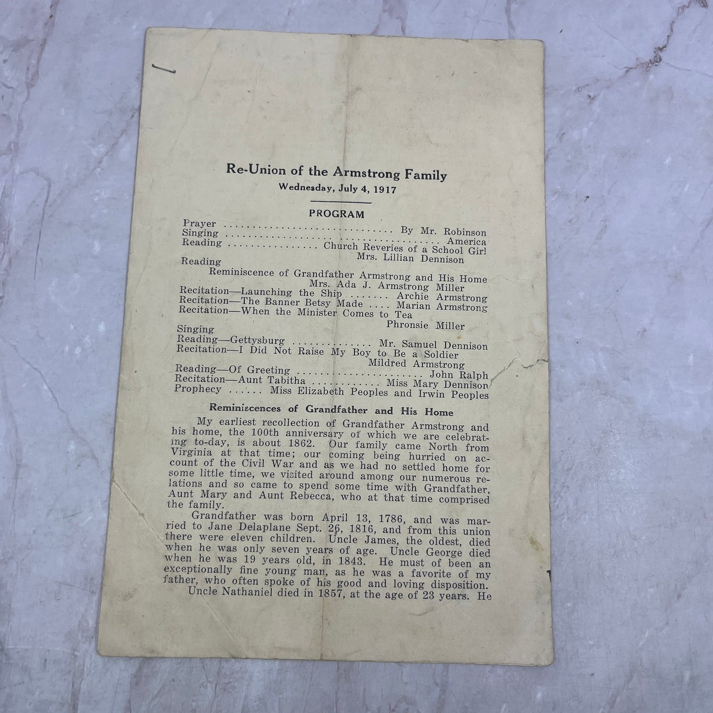 1913 Armstrong Family Reunion Program Archibald Armstrong Mt. Cuba D22