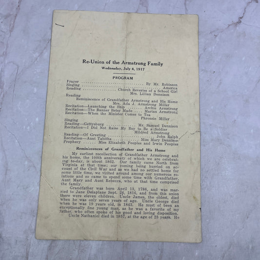 1913 Armstrong Family Reunion Program Archibald Armstrong Mt. Cuba D22