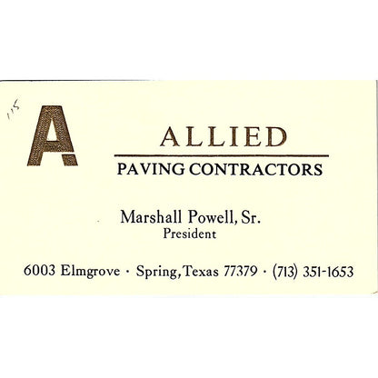 Allied Paving Contractors Marshall Powell Sr Spring TX Vtg Business Card SD9-B3