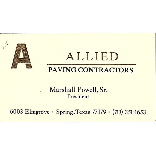 Allied Paving Contractors Marshall Powell Sr Spring TX Vtg Business Card SD9-B3
