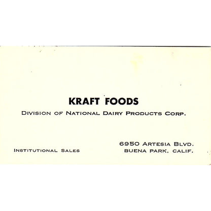 Kraft Foods Institutional Sales Buena Park CA Vintage Business Card SD9-B10