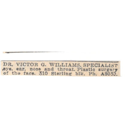 Dr Victor G Williams Plastic Surgery Sterling Block Winnipeg 1920 Ad AG2-S11