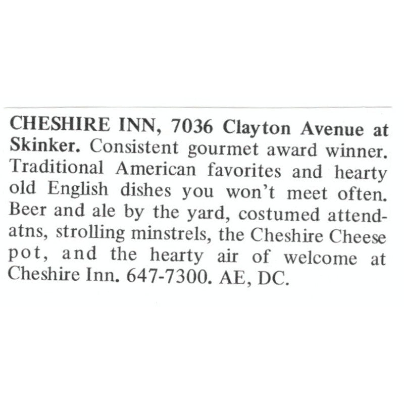 Cheshire Inn Clayton Ave St. Louis 1971 Magazine Ad AD8-O1