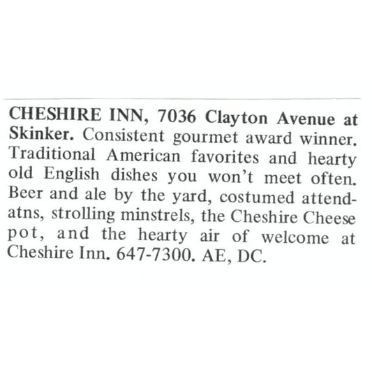 Cheshire Inn Clayton Ave St. Louis 1971 Magazine Ad AD8-O1