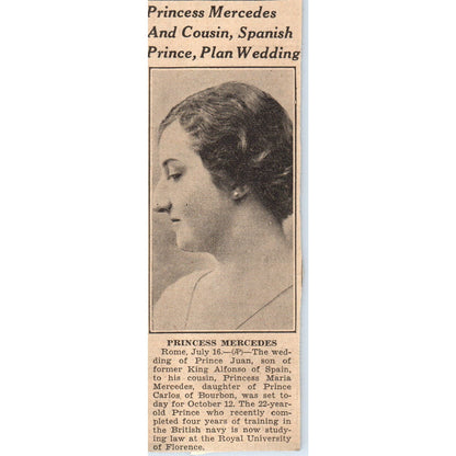 Princess Mercedes & Cousin Spanish Prince to Wed 1935 News Article AE7-N5