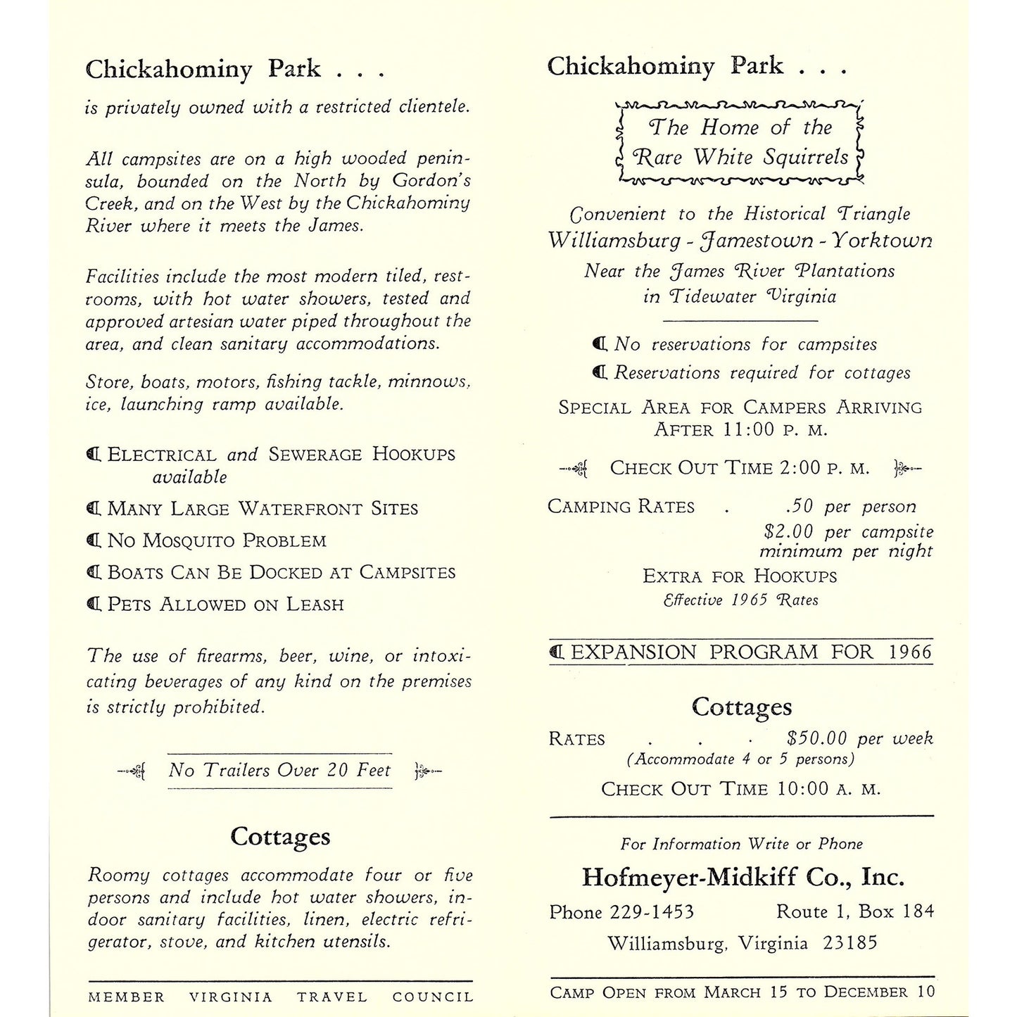 Camping Near Williamsburg VA Chickahominy Park 1960s Travel Brochure TH2-TB3