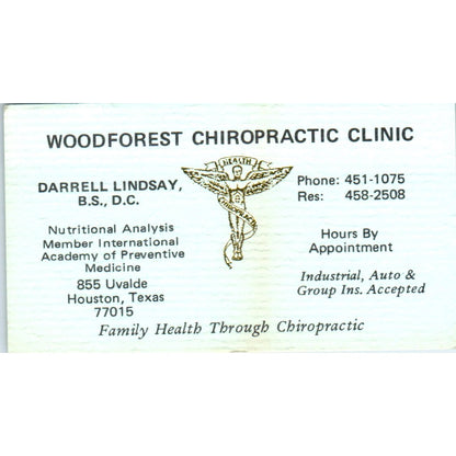 Darrell Lindsay Woodforest Chiropractic Clinic Houston Vtg Business Card SE3-B7