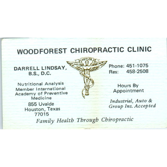 Darrell Lindsay Woodforest Chiropractic Clinic Houston Vtg Business Card SE3-B7