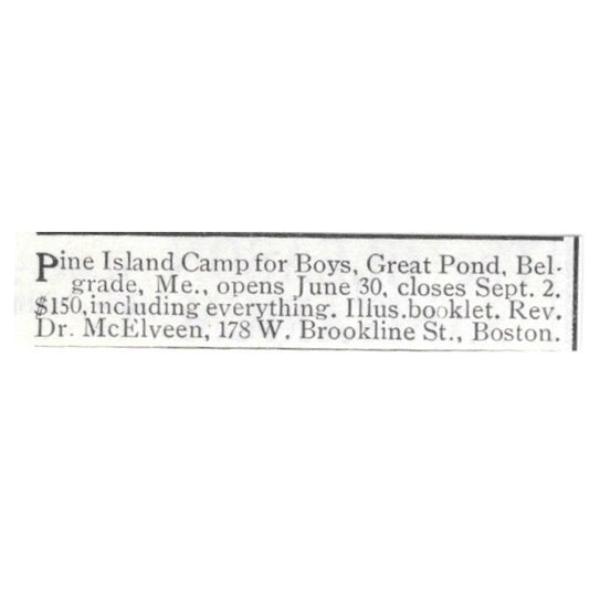 Pine Island Camp for Boys Great Pond Belgrade ME Dr. McElveen 1903 Ad AF8-S44