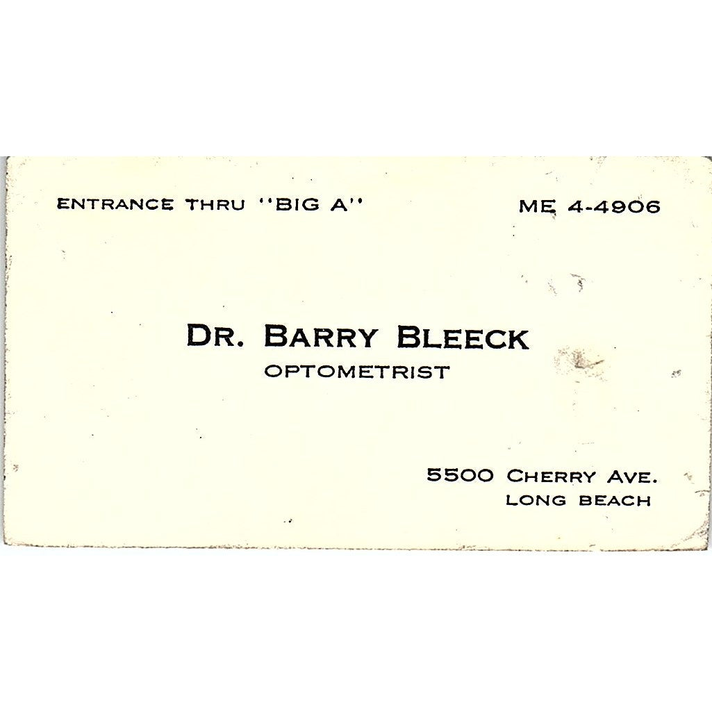 Dr. Barry Bleeck Optometrist Long Beach CA Vintage Business Card SB4-B3