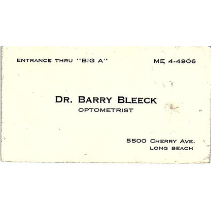 Dr. Barry Bleeck Optometrist Long Beach CA Vintage Business Card SB4-B3