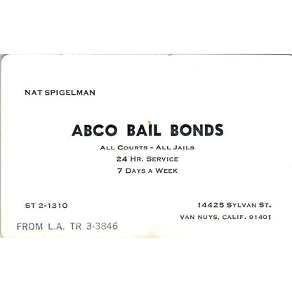 ABCO Bail Bonds Nat Spigelman Van Nuys CA Vintage Business Card SD4-B2
