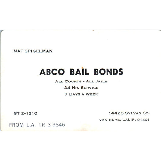 ABCO Bail Bonds Nat Spigelman Van Nuys CA Vintage Business Card SD4-B2