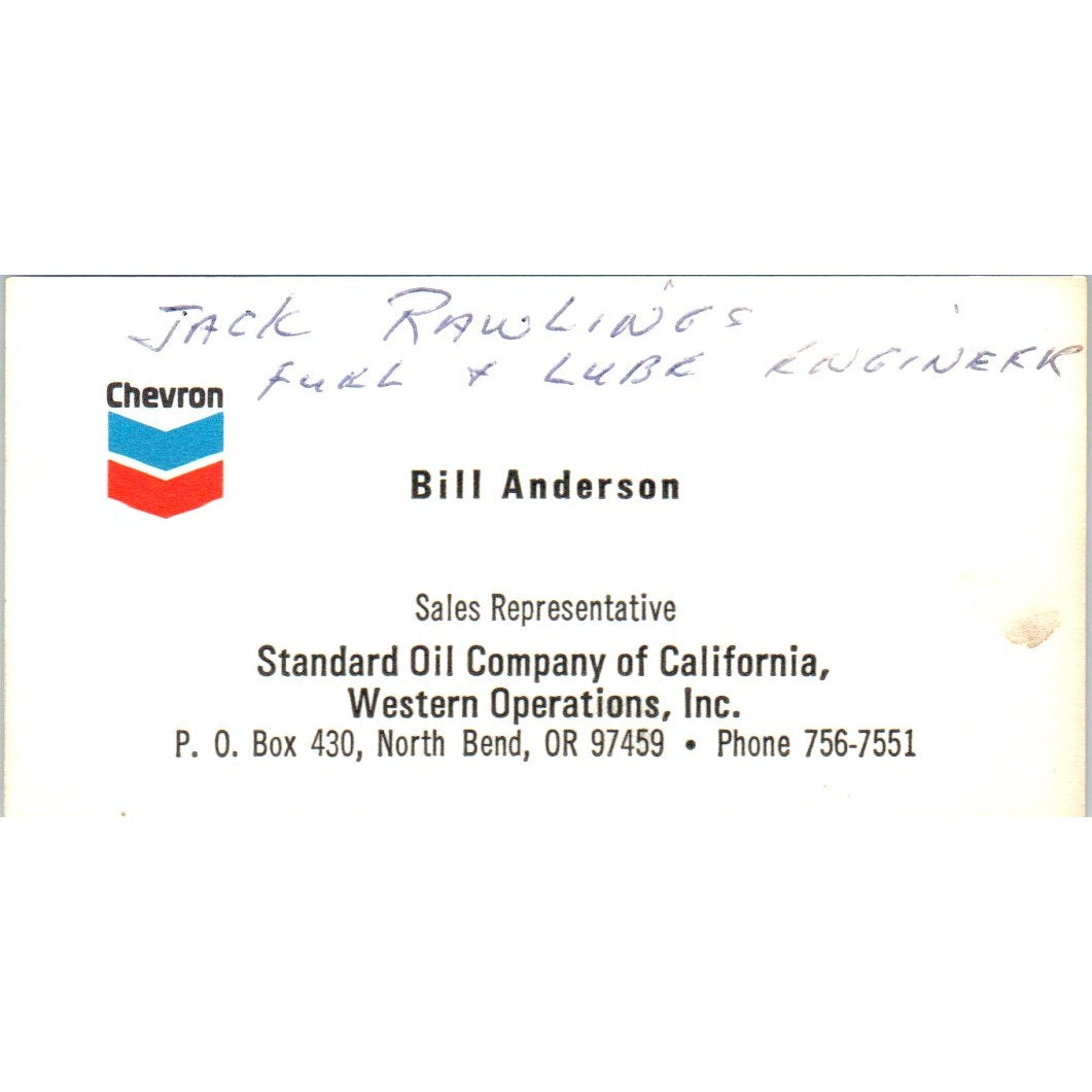 Bill Anderson Chevron North Bend OR Standard Oil Vintage Business Card SD8-B21