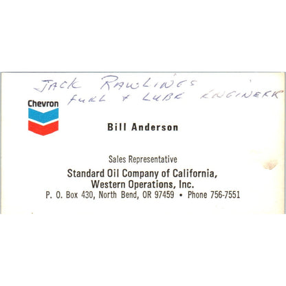 Bill Anderson Chevron North Bend OR Standard Oil Vintage Business Card SD8-B21