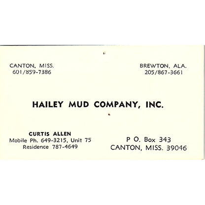 Curtis Allen Hailey Mud Company Inc Canton MS Vintage Business Card SD9-B3