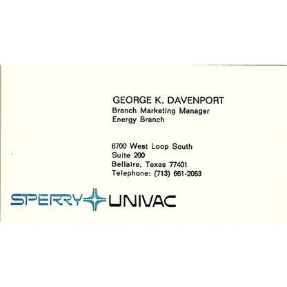 George K Davenport Sperry Univac Bellaire TX Vintage Business Card SD9-B2