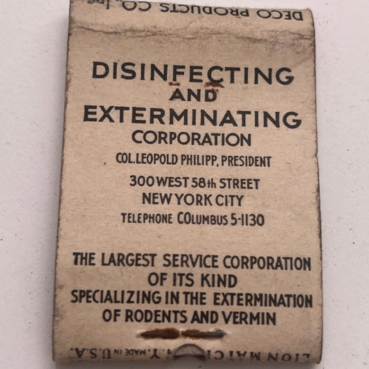 Col Leopold Philipp Disinfecting & Exterminating NY Vintage Matchbook TB8-MB2-8