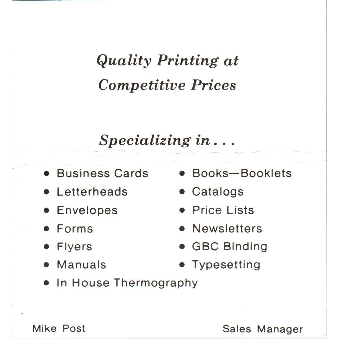 Mike Post Images & Impressions Inc Houston TX Vintage Business Card SE3-B5