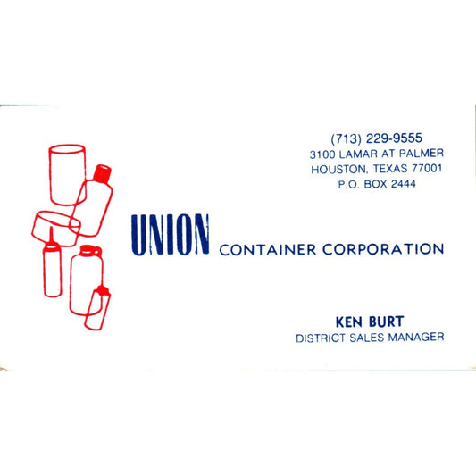 Ken Burt Union Container Corporation Houston Vintage Business Card SE3-B9