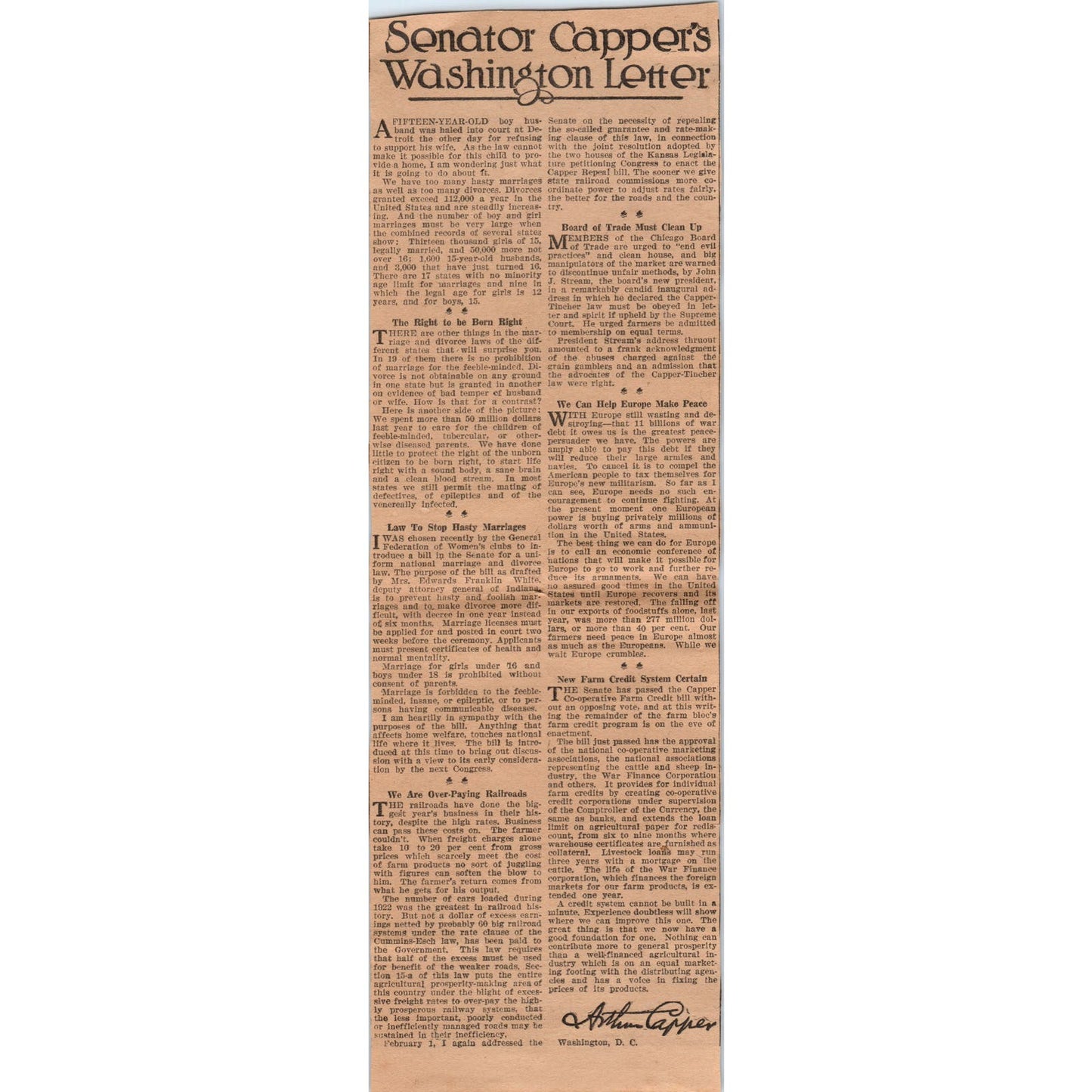 Senator Arthur Capper's Washington Letter 1923 Magazine Ad Clip AE1-1