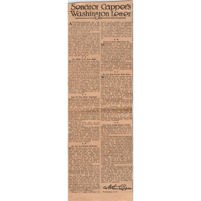Senator Arthur Capper's Washington Letter 1923 Magazine Ad Clip AE1-1