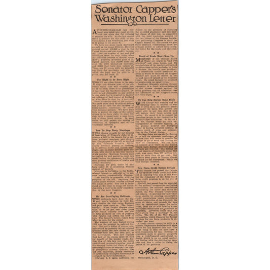 Senator Arthur Capper's Washington Letter 1923 Magazine Ad Clip AE1-1
