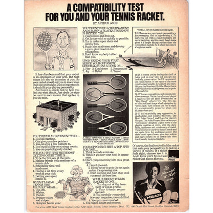 Arthur Ashe HEAD Tennis Racquet Compatibility Test 1977 Ad AF3-5