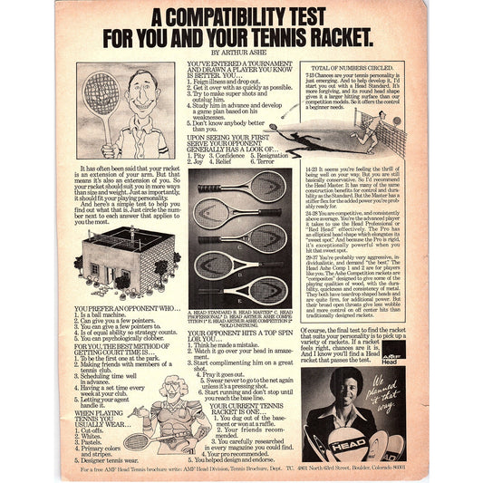 Arthur Ashe HEAD Tennis Racquet Compatibility Test 1977 Ad AF3-5