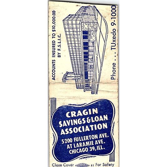 Cragin Saving & Loan Chicago Vintage Matchbook Cover SF3-Y3