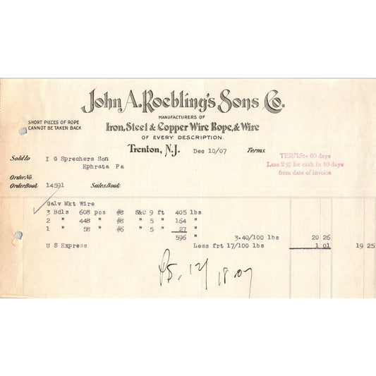 1907 John A. Roebling's Sons Co Trenton NJ Letterhead Billhead Receipt D11