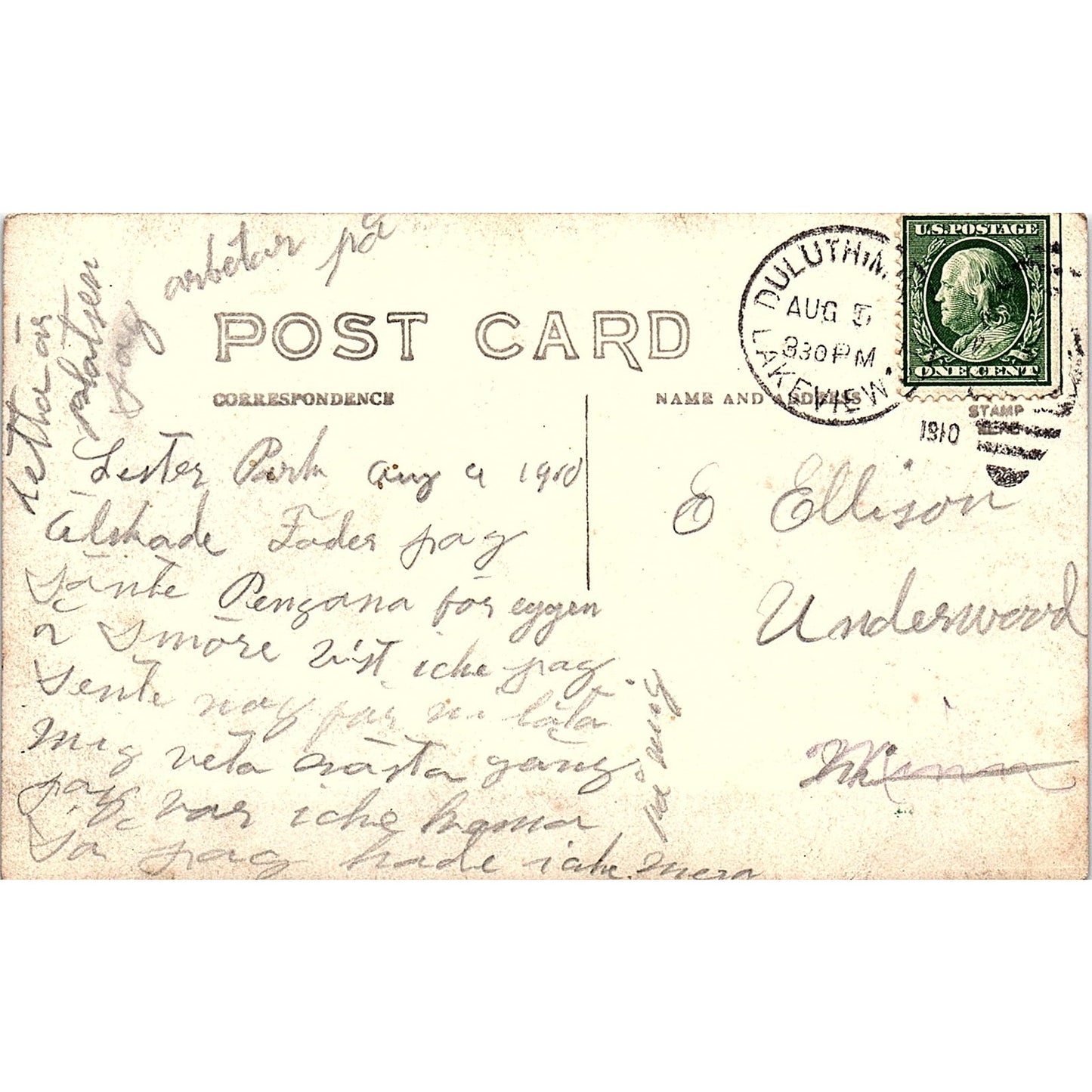 1910 Underwood Minnesota Duluth E. Ellison RPPC Real Photo Antique Postcard PE1