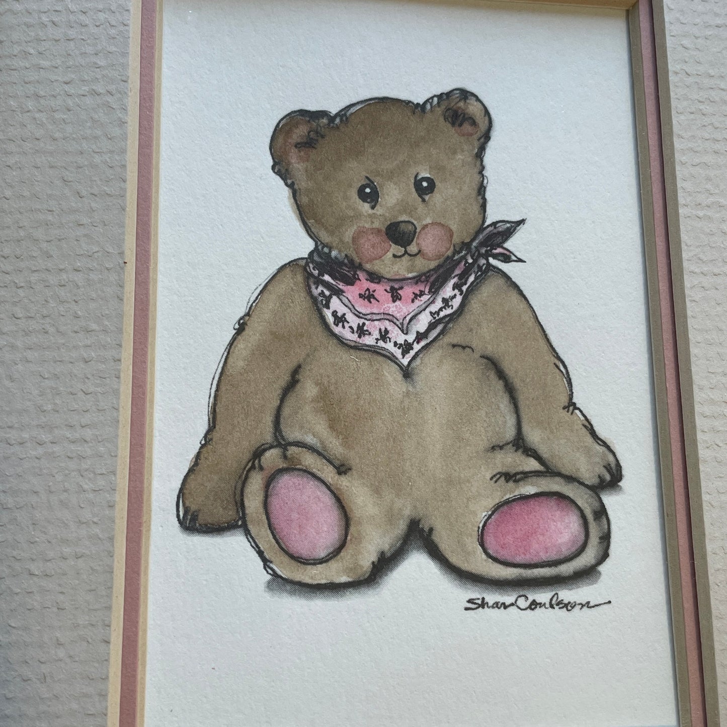 Teddy Bear Pink Accents 5x7 Matted Print Hand Watercolor, Signed Shar Coulson