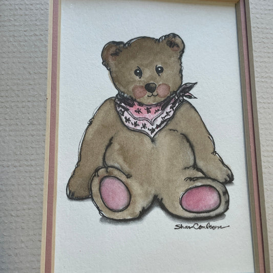 Teddy Bear Pink Accents 5x7 Matted Print Hand Watercolor, Signed Shar Coulson