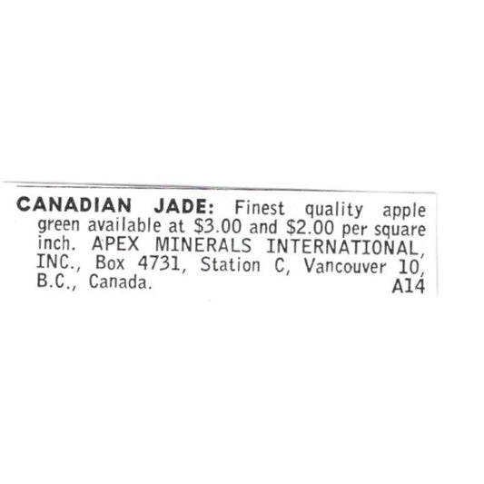 Apex Minerals International Canadian Jade Vancouver BC 1972 Ad AF8-S15