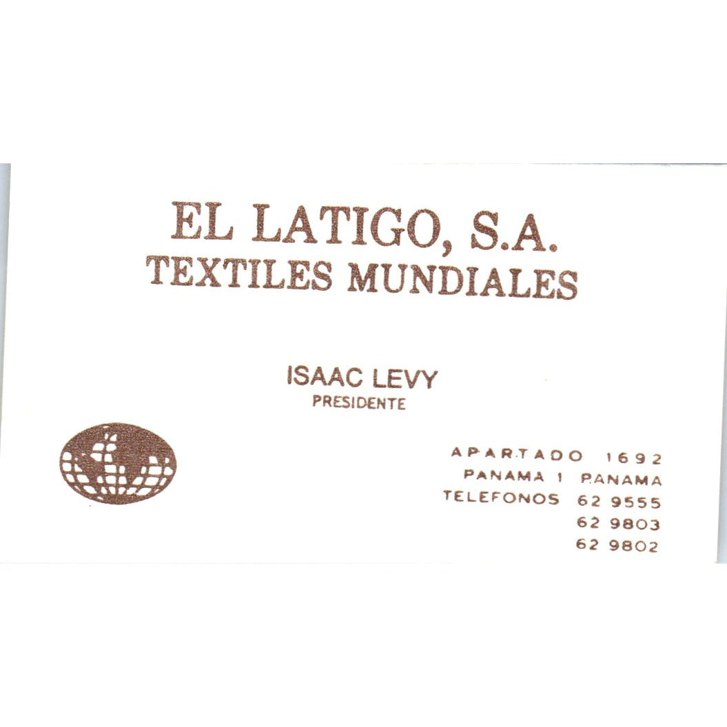 El Latigo S.A. Textiles Isaac Levy Panama Vintage Business Card SD8-B16