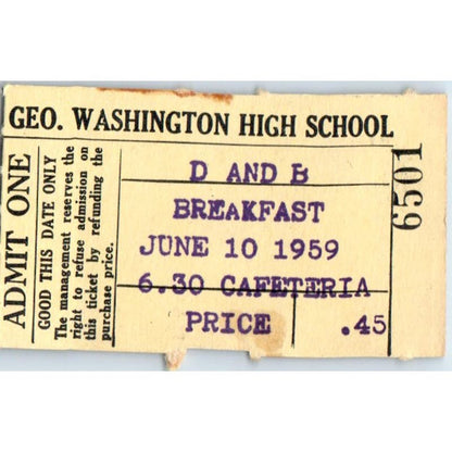 1959 Jun George Washington High School Los Angeles CA Breakfast Stub AB9