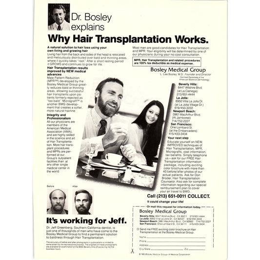 Bosley Hair Transplantation Dr. Jeff Greenberg CA 8x11" 1983 Ad D26