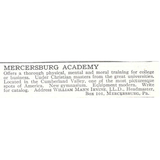 Mercersburg Academy William Mann Irvine PA c1918 Original Advertisement AE5-SV1