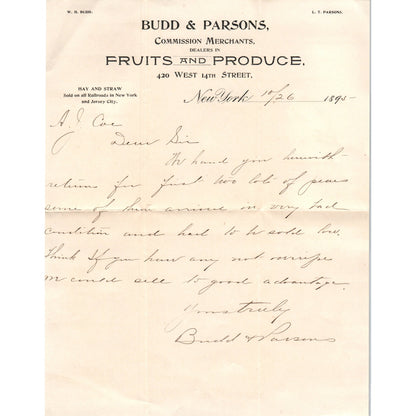 1895 Budd & Parsons Fruits and Produce New York Receipt Letterhead D24