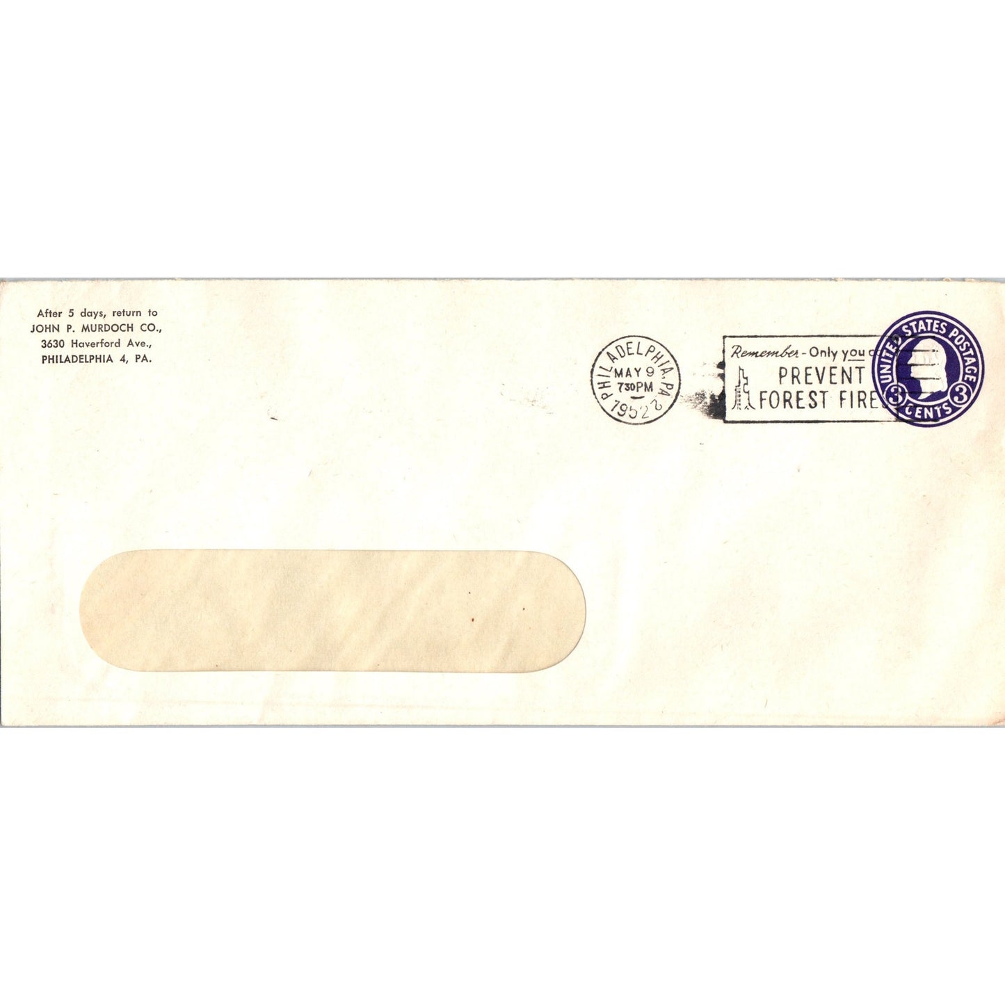 1952 John P Murdoch Co Philadelphia Forest Fire Cancellation Postal Cover TH9-L1