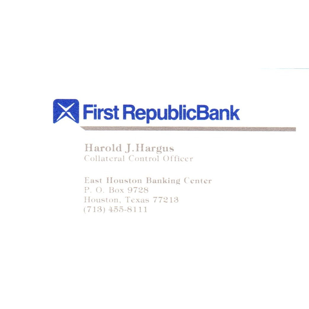 Harold J. Hargus First Republic Bank Houston TX Vintage Business Card SE3-B8