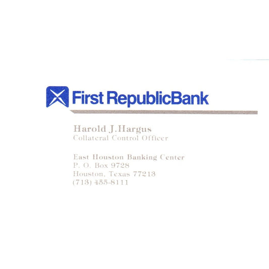 Harold J. Hargus First Republic Bank Houston TX Vintage Business Card SE3-B8