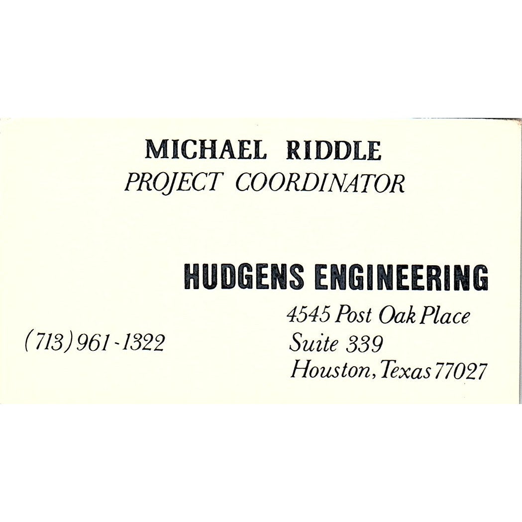Hudgens Engineering Michael Riddle Houston Texas Vintage Business Card SF3-B5